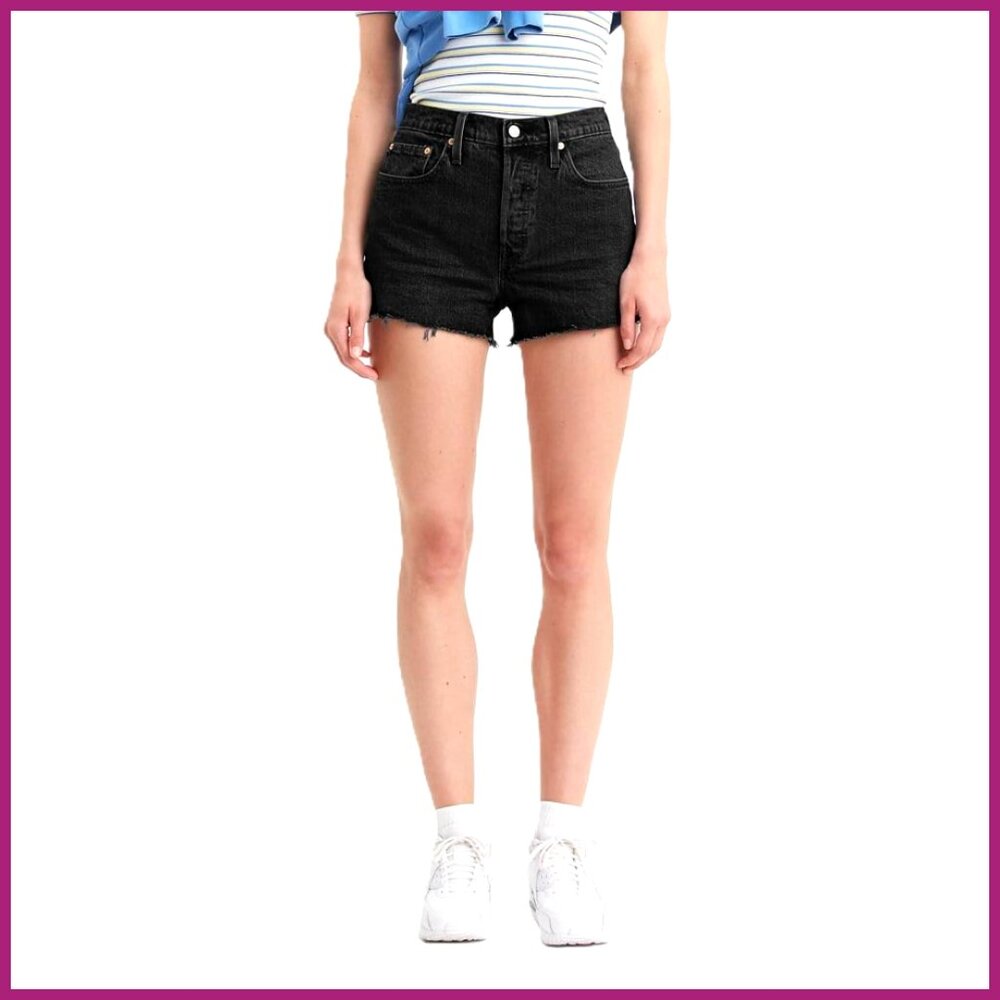 High Rise Denim Shorts with Button Fly and 5 Pocket Design